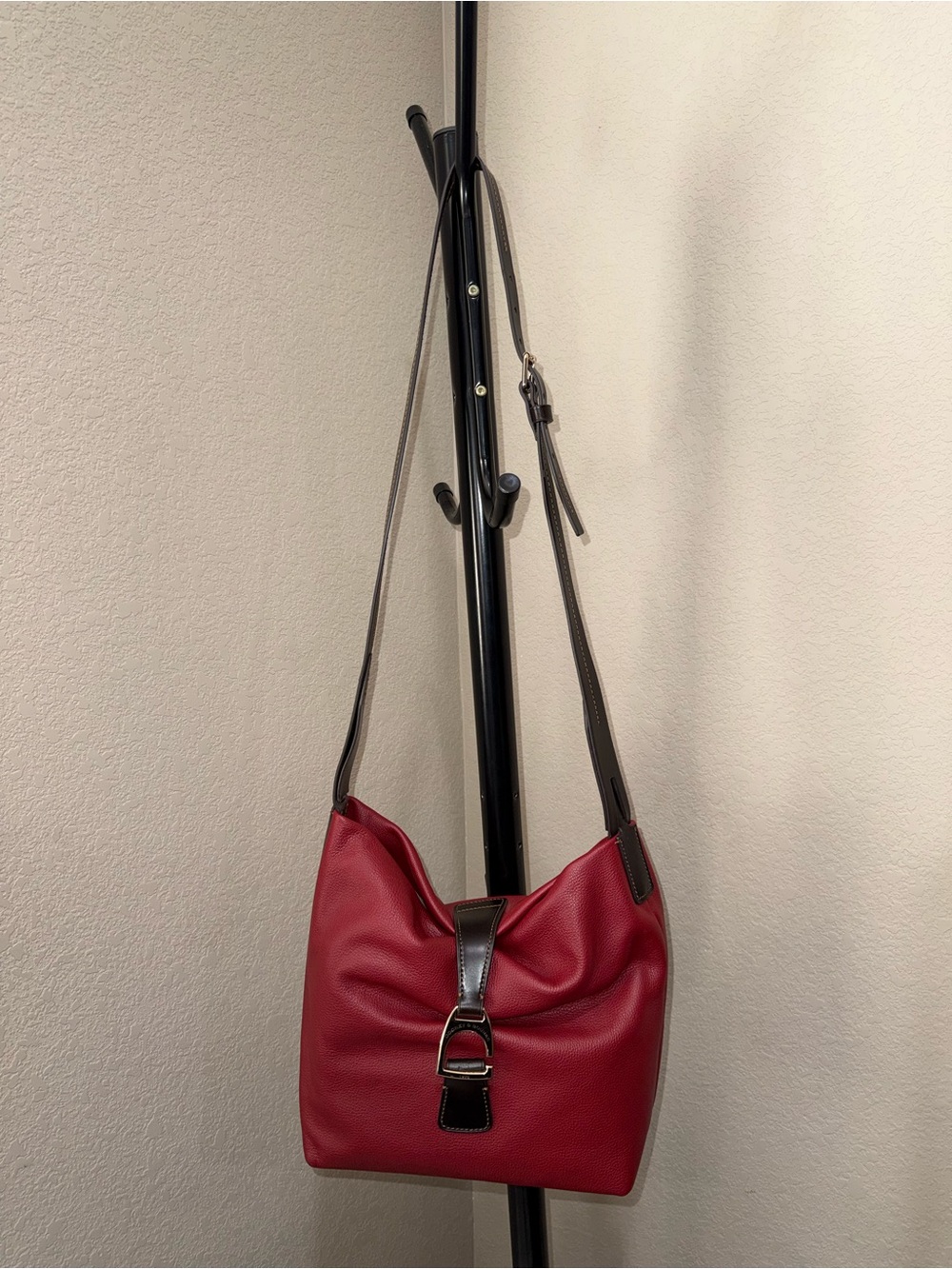 Dooney & Bourke Red Shoulder Emerson Bag with Dark Brown Trim
